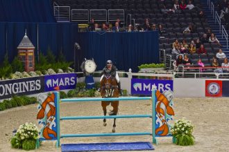 Cavaleiro conduz cavalo baio durante um salto sobre obstáculo em uma arena de hipismo.