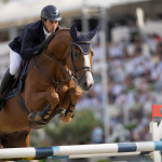 Cavaleiro e cavalo durante uma prova internacional de salto em pista de hipismo