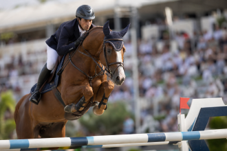 Cavaleiro e cavalo durante uma prova internacional de salto em pista de hipismo