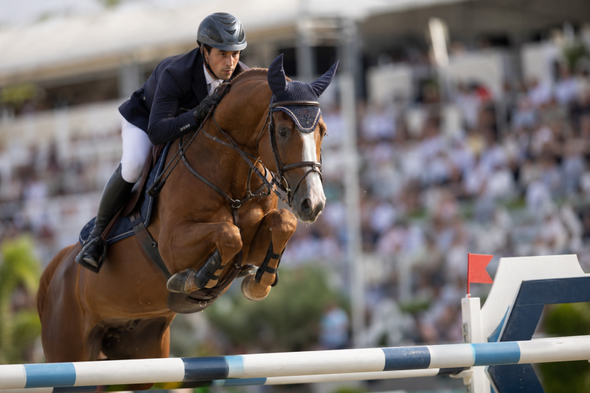 Cavaleiro e cavalo durante uma prova internacional de salto em pista de hipismo