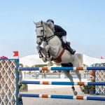 Cavalo e cavaleiro saltam sobre um obstáculo durante uma competição de salto equestre ao ar livre.